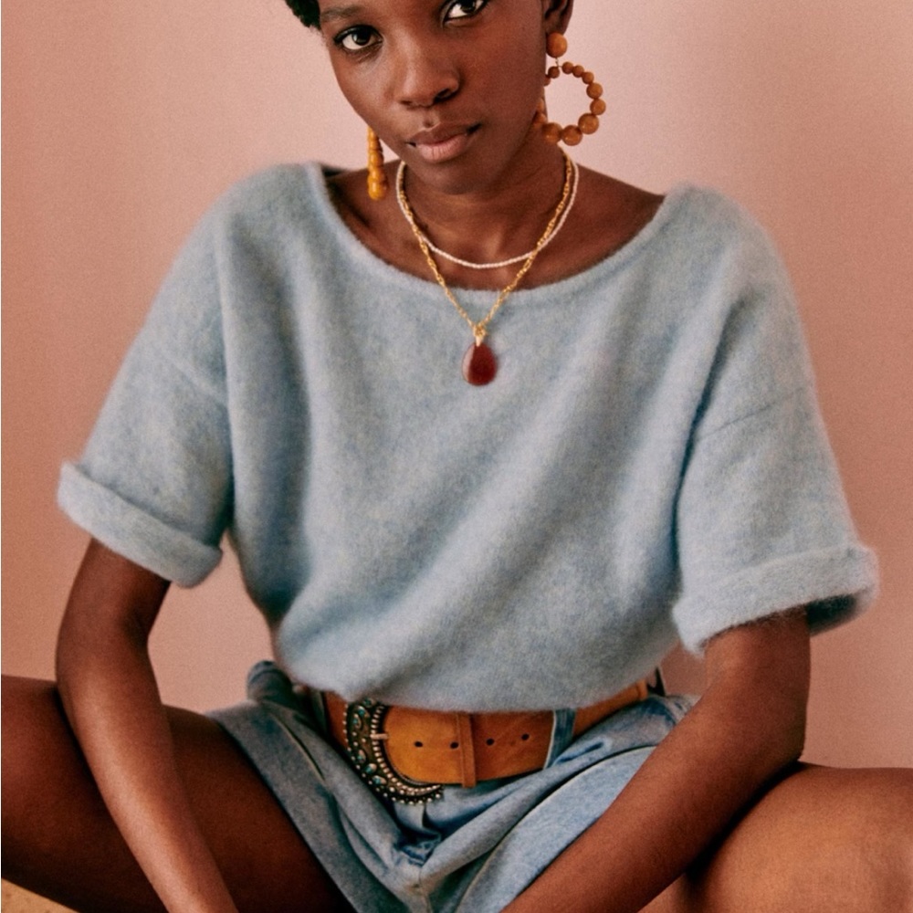 Sezane Paco short sleeve alpaca knit sky blue sz S